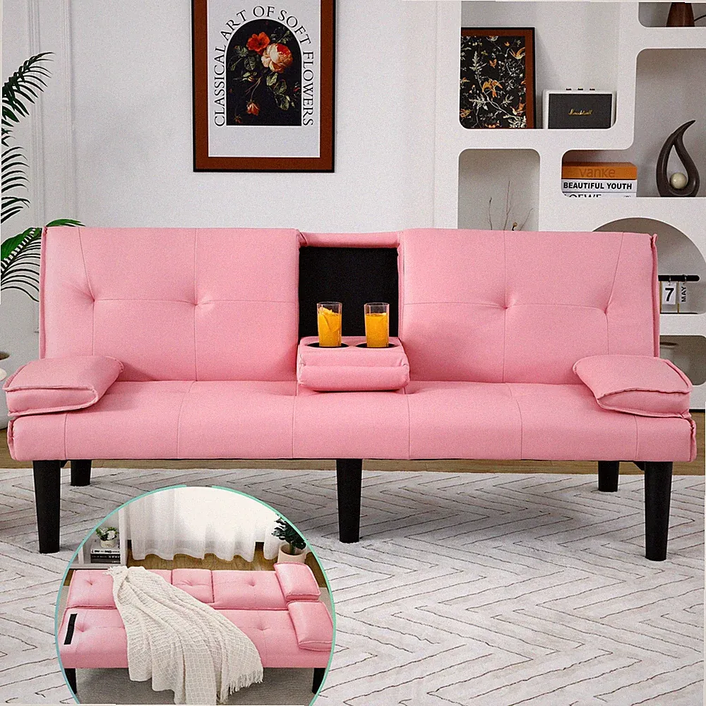 Twin Modern Transitional Leather Futon Sofa Bed Pink Folding Cup Holder Tufted
