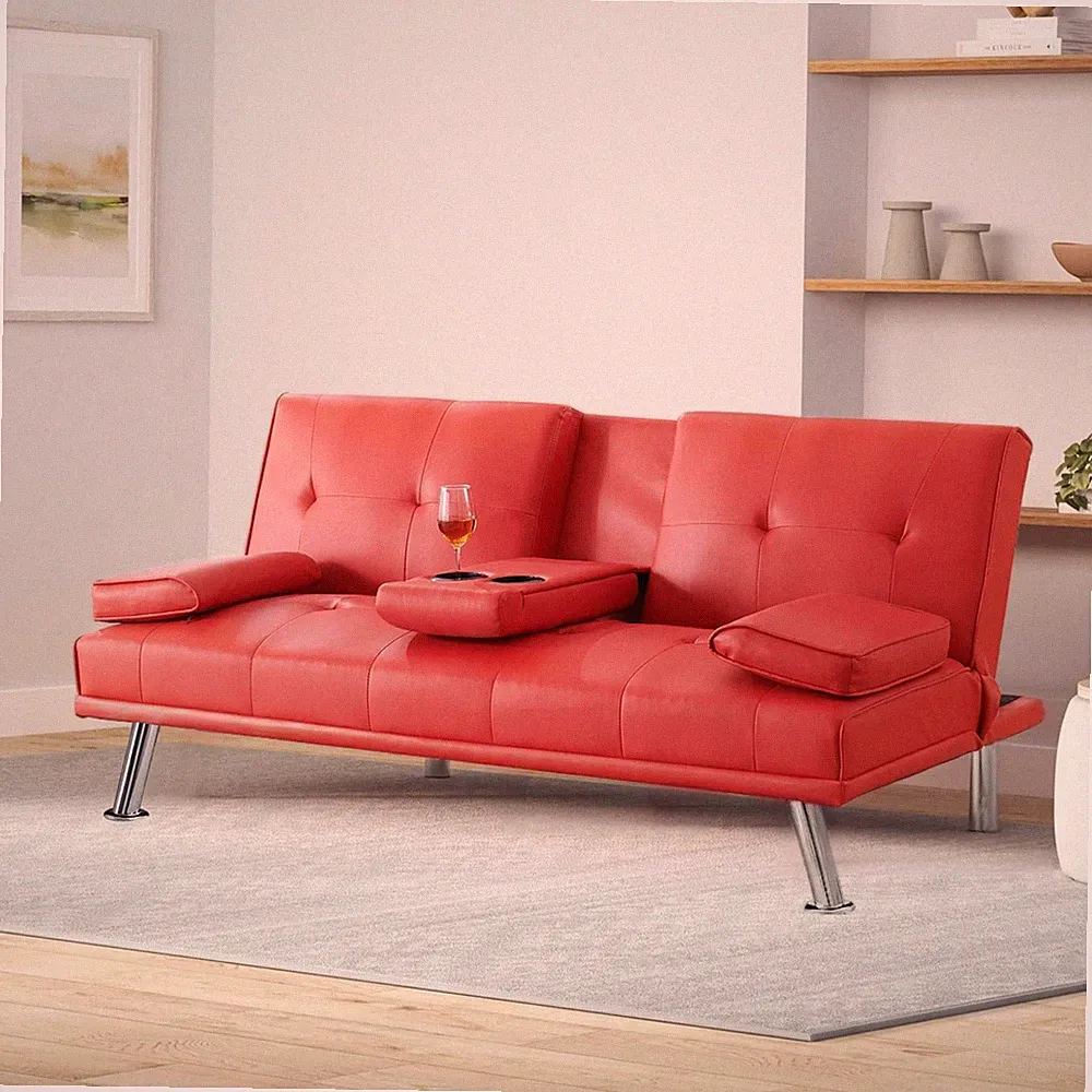 Twin Modern Transitional Leather Futon Sofa Bed Red Folding Convertible Tufted