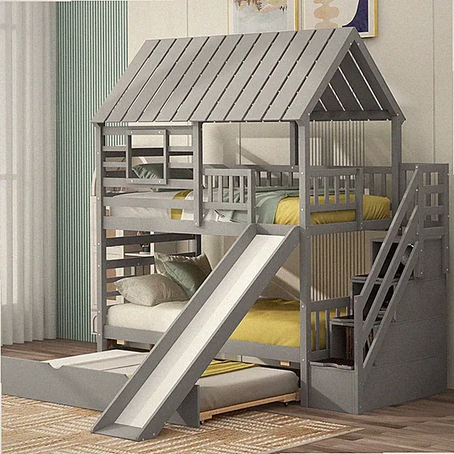 Twin Over Double Bunk Bed with Trundle, Slide, Storage Staircase, Gray