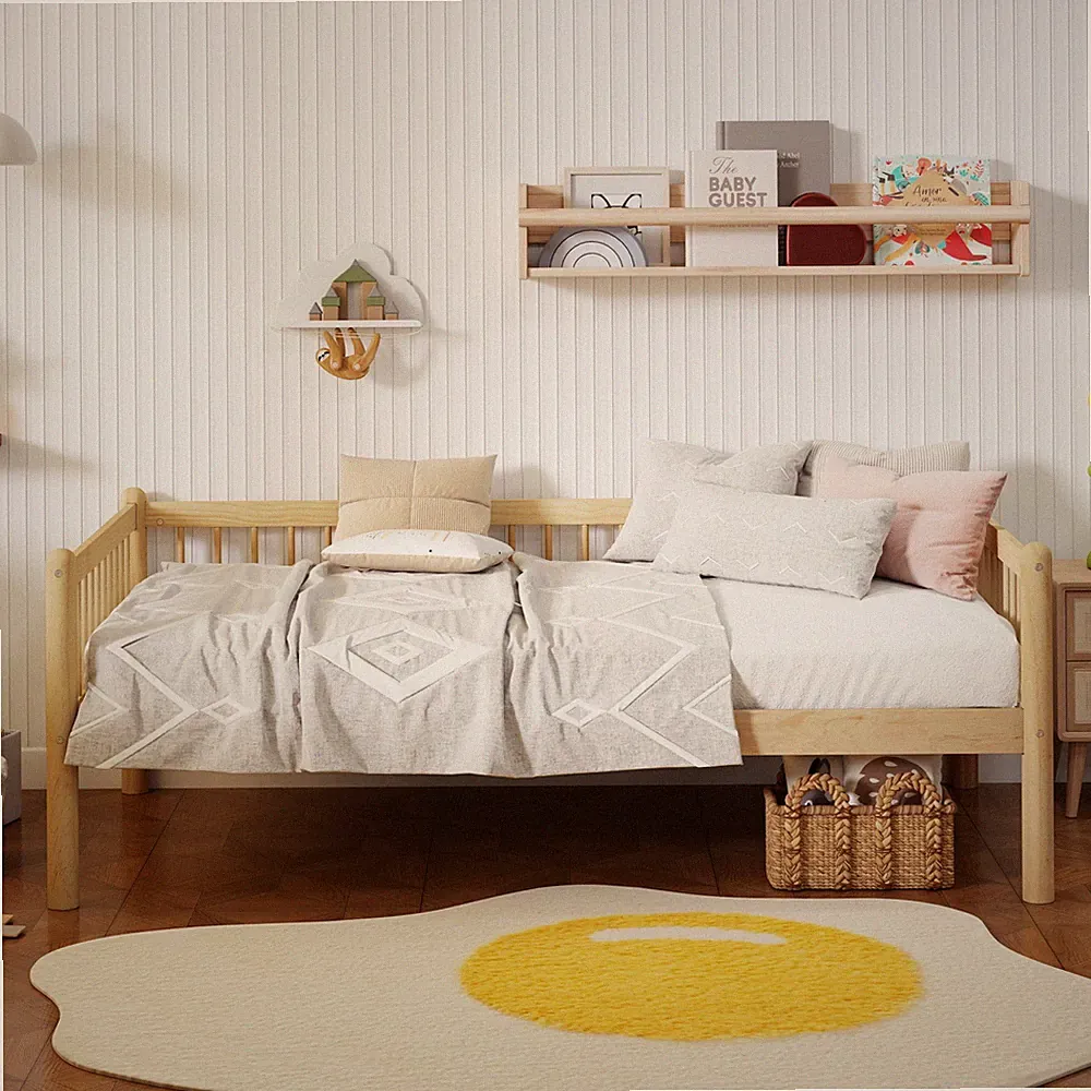 Twin Pine Wood Daybed Sofa Bed with 3-Side Guardrails & 10 Support Slats
