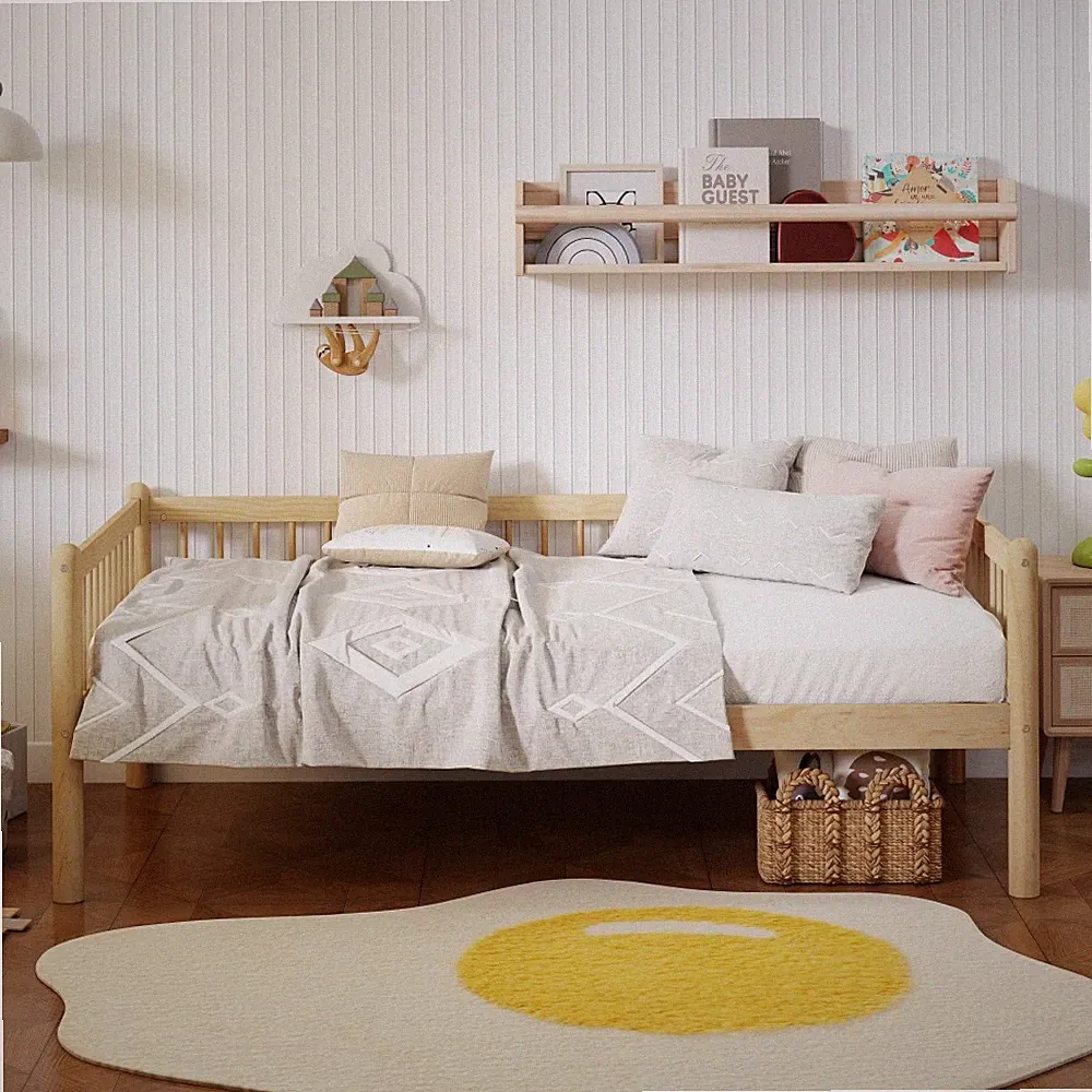 Twin Pine Wood Daybed Sofa Bed with 3-Side Guardrails & 10 Support Slats,Natural