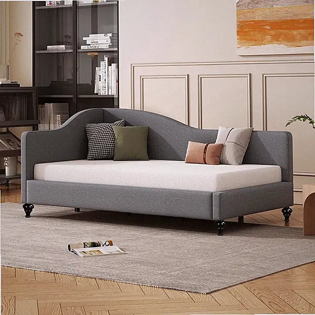 Twin Size Bed Frame Daybed, L-Shaped Linen Corner Sofa with Solid Wood Legs for