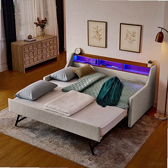 Twin Size Beige Linen Upholstery Sofa Bed with LED Lights Wireless Charging