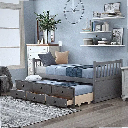 Twin Size Captain's Bed Wood Daybed w/ Trundle and Drawers Sofa Bed Platform Bed