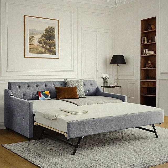 Twin Size Day Bed with Pop Up Trundle Tufted Sofa Couch Bed w/USB&Type C Port