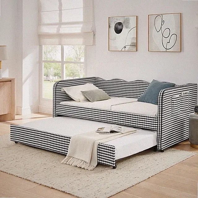 Twin Size Daybed,Black Gingham Upholstered 3‑in‑1 Convertible Sofa Bed w/Trundle