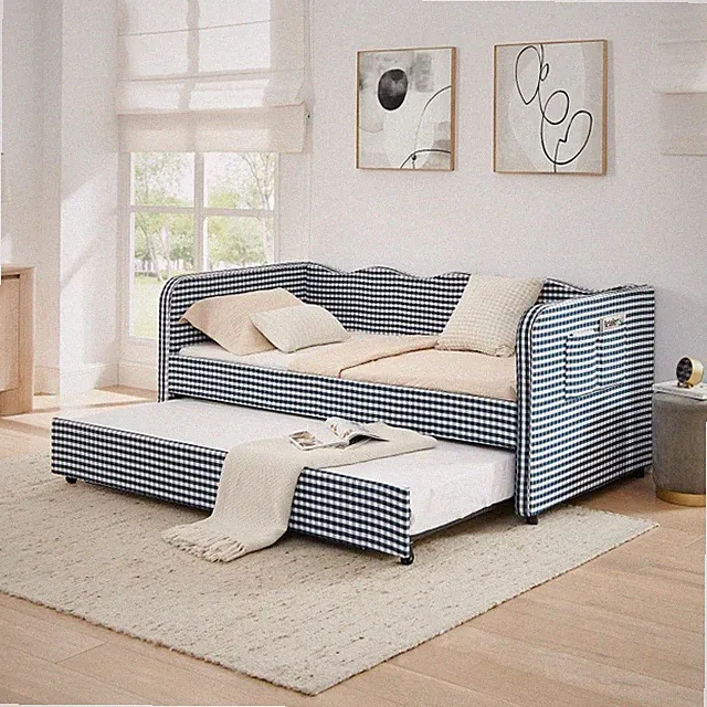 Twin Size Daybed,Blue Gingham Upholstered 3‑in‑1 Convertible Sofa Bed w/Trundle