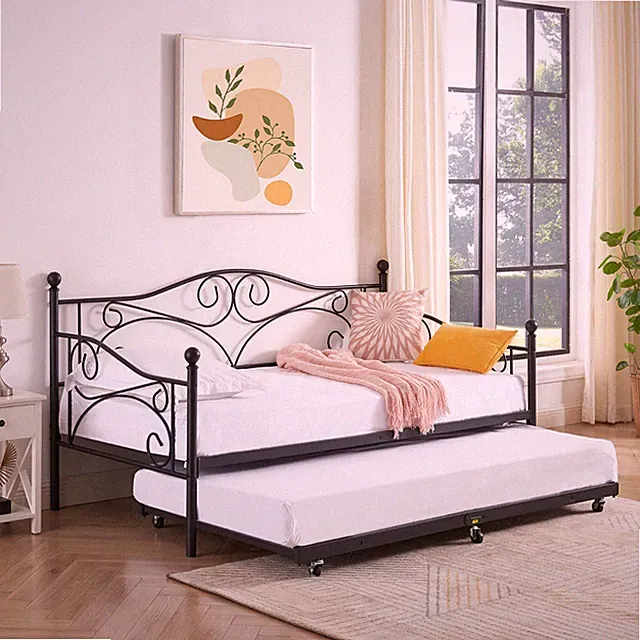 Twin Size Daybed Frame Bed with Trundle Sofa Bed Heavy Duty Metal Slats Platform