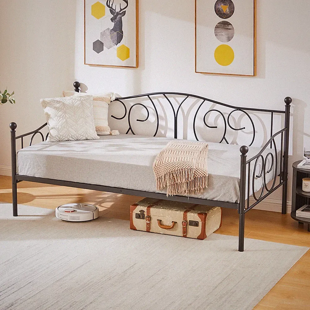Twin Size Daybed Frame Heavy Duty Metal Slats Platform with Headboard Sofa Bed