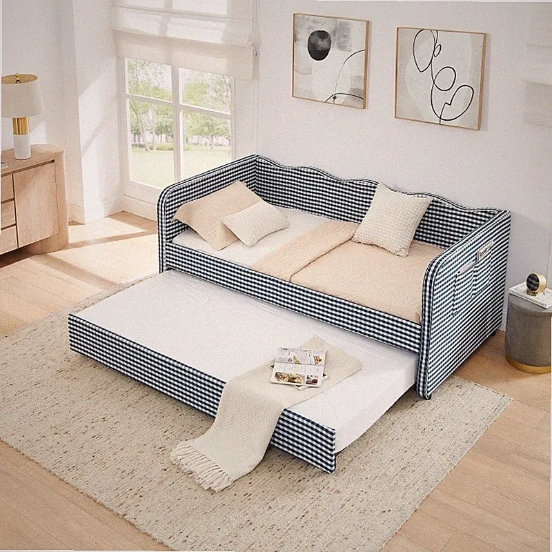 Twin Size Daybed,Gingham Upholstered 3-in-1 Convertible Sofa Bed w/Trundle Bed