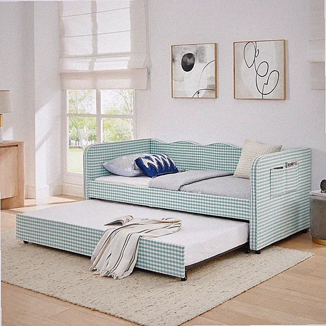 Twin Size Daybed, Gingham Upholstered 3-in-1 Convertible Sofa Bed with Trundle
