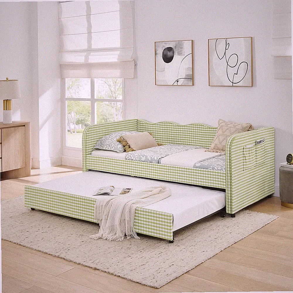 Twin‑Size Daybed, Gingham Upholstered 3‑in‑1 Versatile Convertible Sofa Bed wi