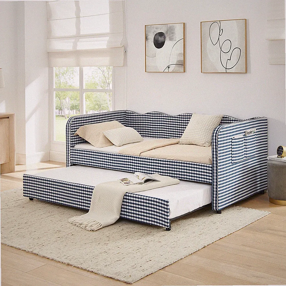 Twin‑Size Daybed, Gingham Upholstered 3‑in‑1 Versatile Convertible Sofa Bed wit