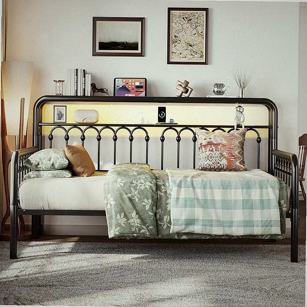 Twin Size Daybed, Metal Sofa Bed Frame with Double-Layer Storage Headboard, LED