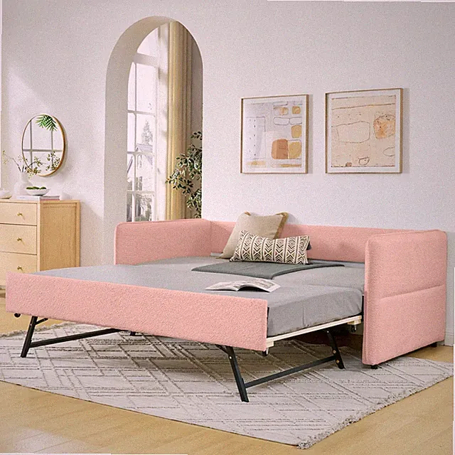 Twin Size Daybed Modern Boucle Upholstered Sofa Bed w/ Pull Out Trundle Pink