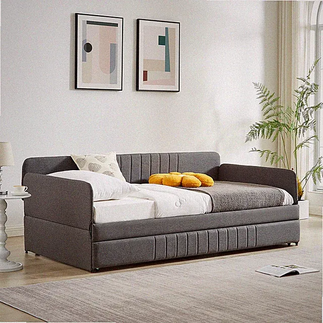 Twin Size Daybed Upholstered Bed Frame Sofa Bed with Trundle Bed Grey