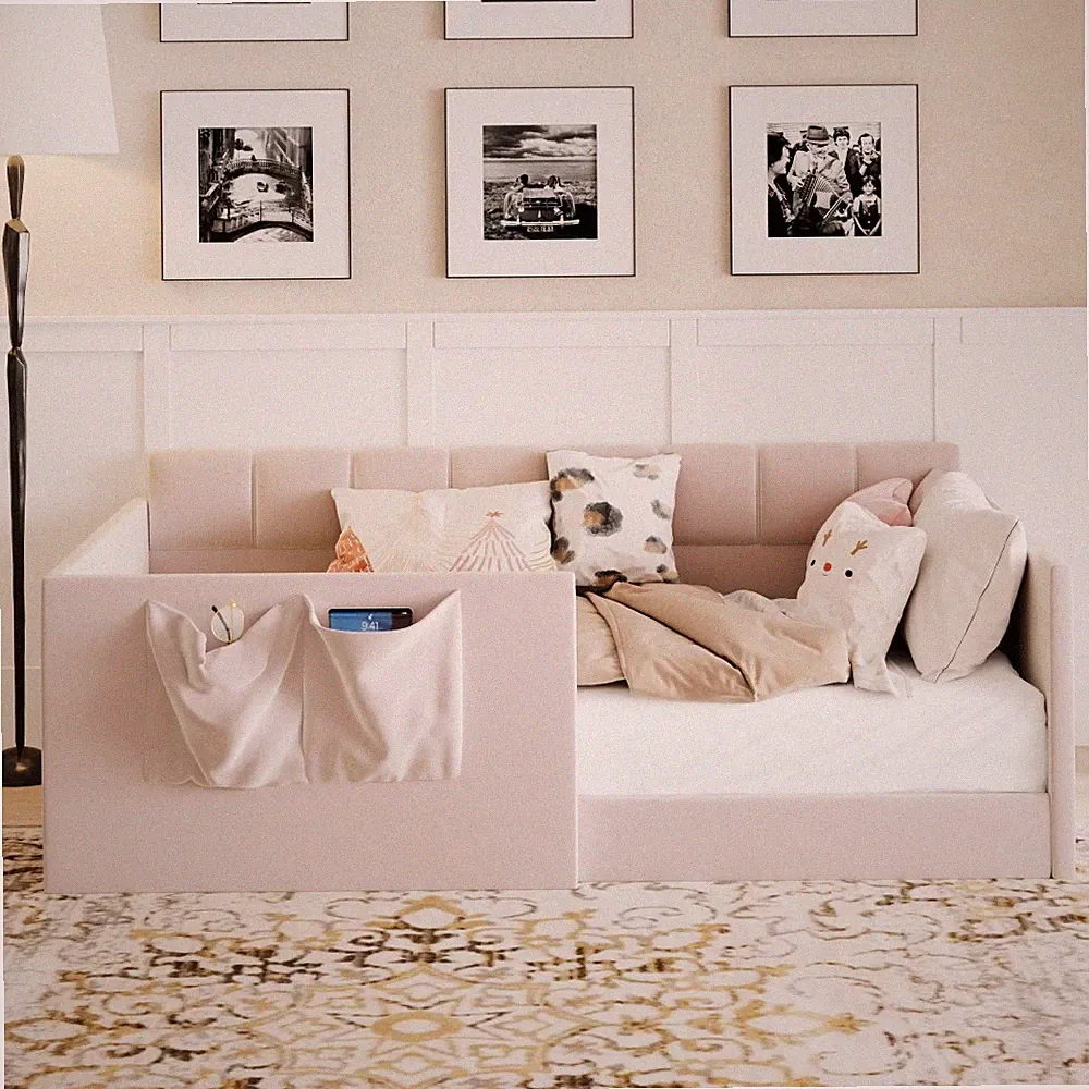 Twin Size Daybed Velvet Upholstered Sofa Bed with High Side Panels Side Entrance