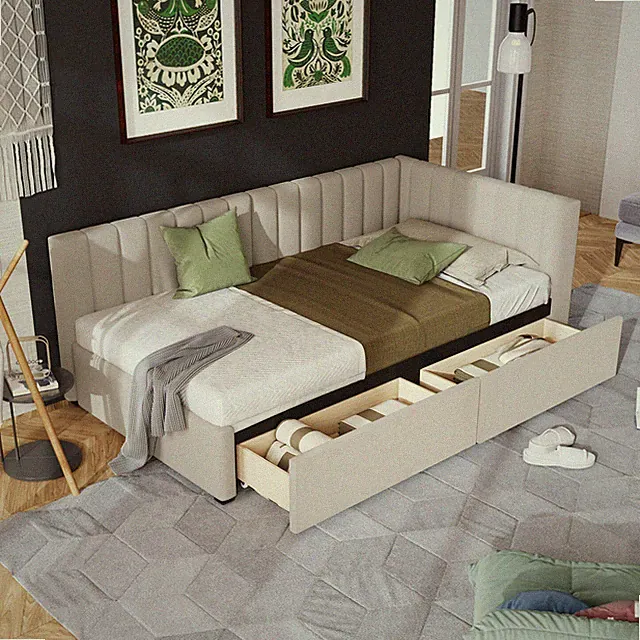 Twin Size Daybed w/ 2 Drawer Upholstered Bed Frame Sofa Bed w/ Storage Beige