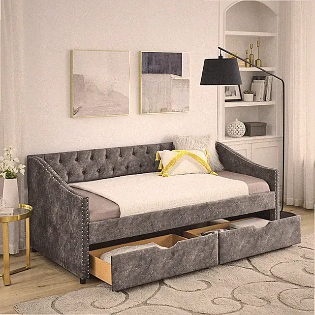 Twin Size Daybed w/2 Storage Drawer Upholstered Tufted Sofa Bed Waved Shape Arms