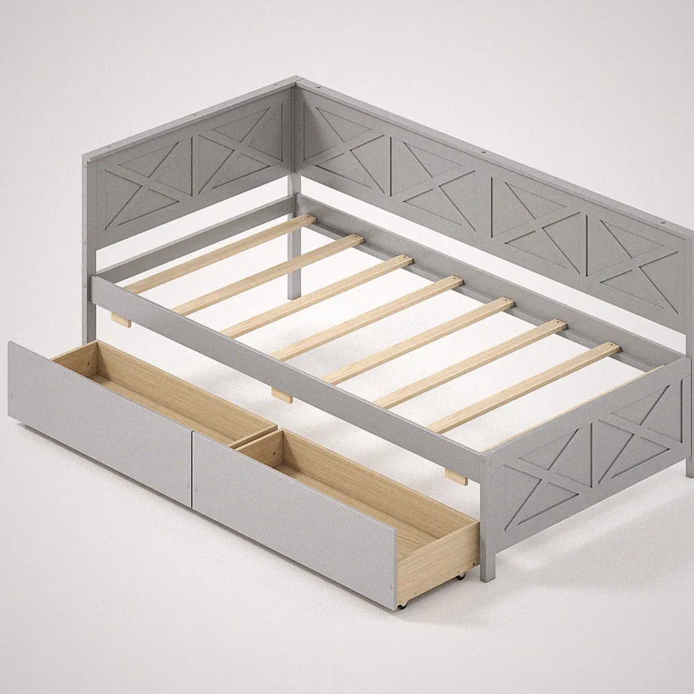 Twin Size Daybed w/2 Storage Drawers Slats Support & Guardrails Sofa Bed
