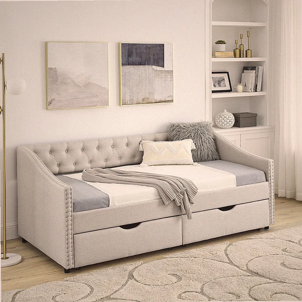 Twin Size Daybed w/Drawers Upholstered Tufted Sofa Bed,w/Button on Back and Cop