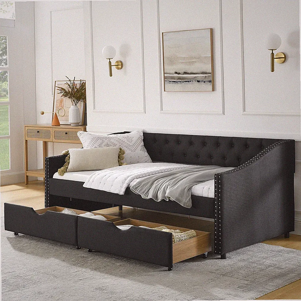Twin Size Daybed w/Drawers Upholstered Tufted Sofa Bed,w/Button on Back and Copp
