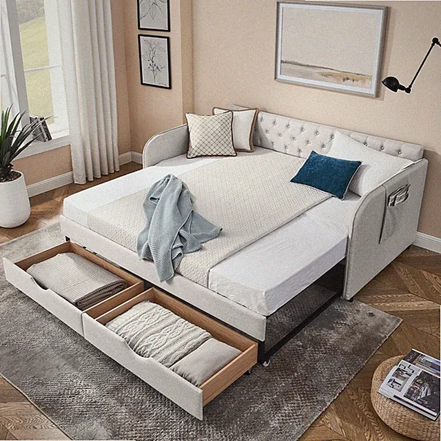 Twin Size DayBed w/Pull Out King Bed,Upholstered Sofa Couch 2 Drawer,Side Pocket