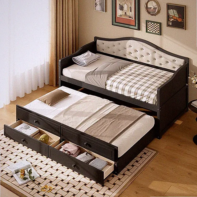 Twin Size Daybed w/Trundle Bed,2 Storage Drawers & Upholstered Backrest Sofa Bed