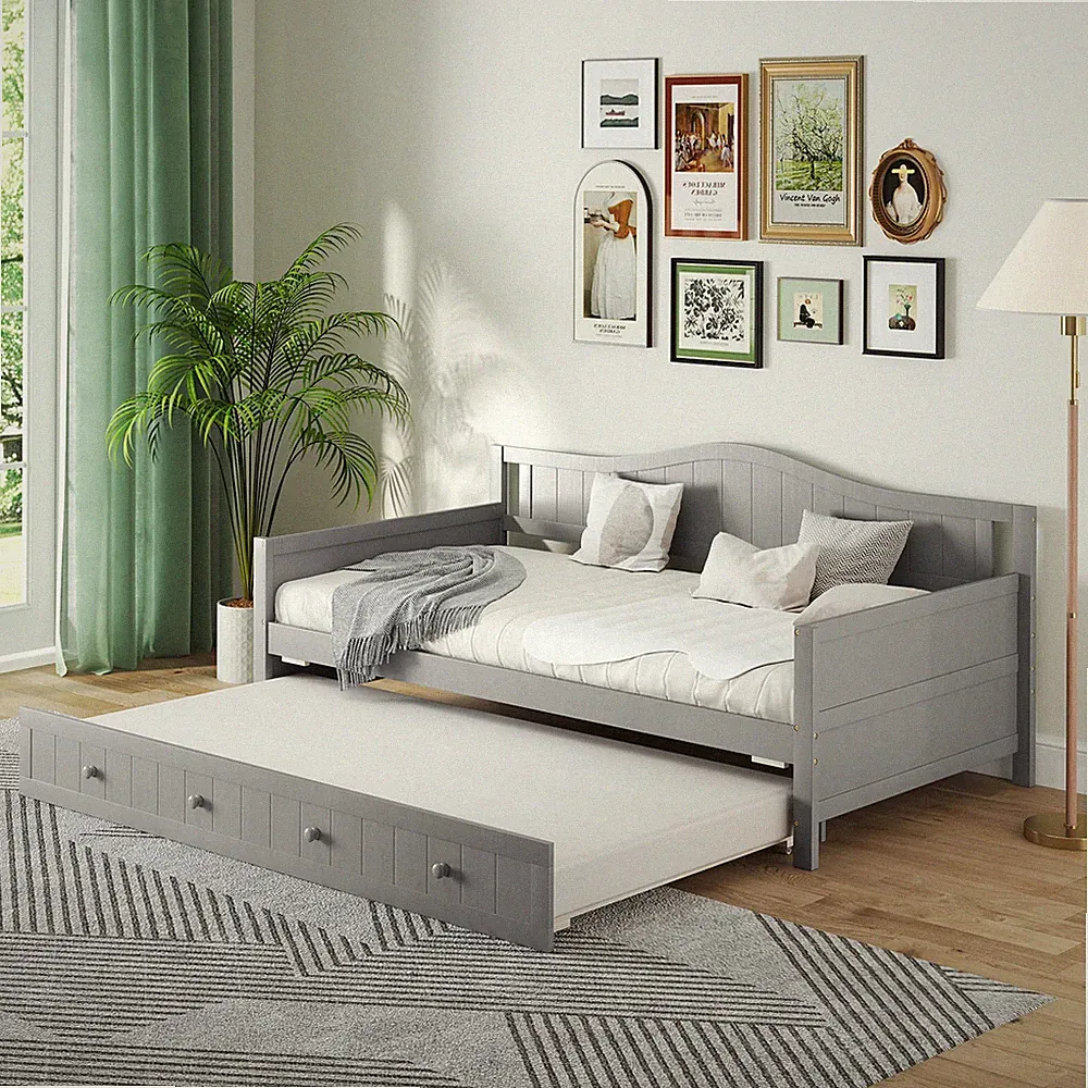Twin Size Daybed w/ Trundle Solid Wood Sofa Bed w/ Slats Support Guest Bed