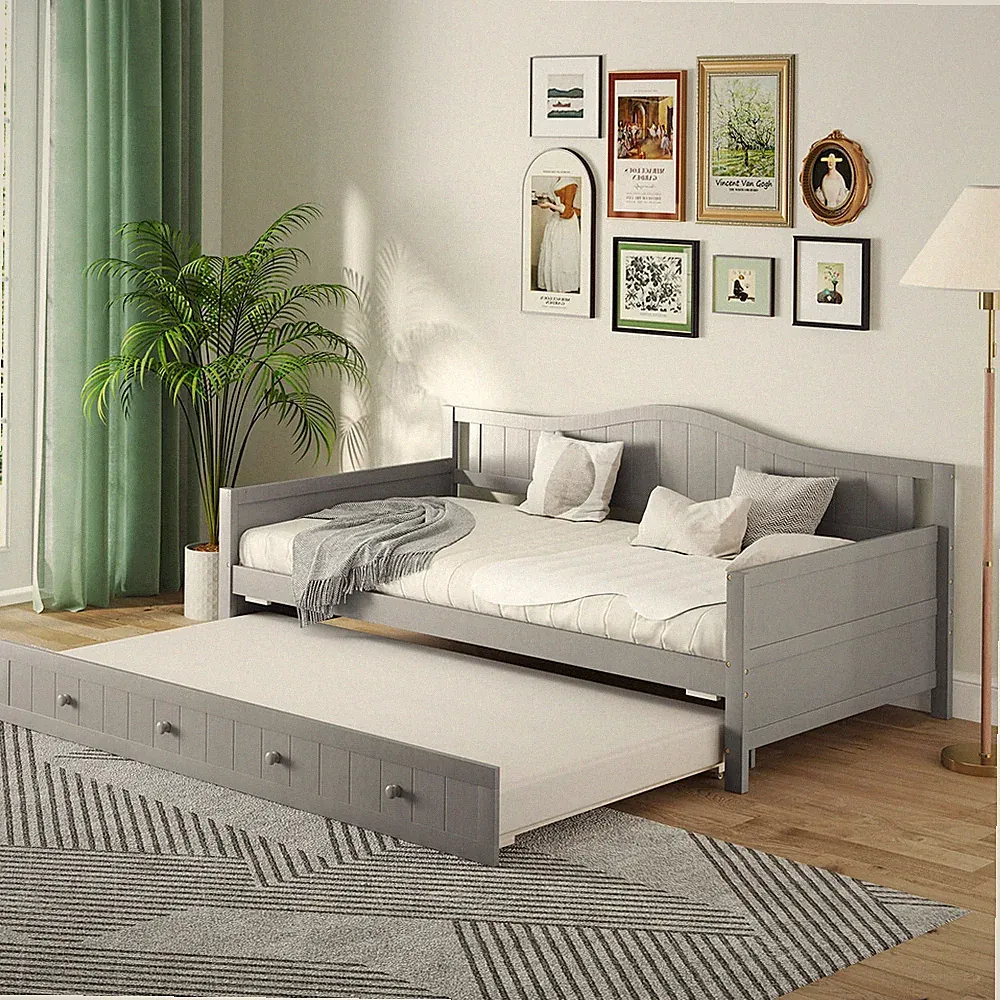 Twin Size Daybed w/ Trundle Solid Wood Sofa Bed w/ Slats Support Guest Bed