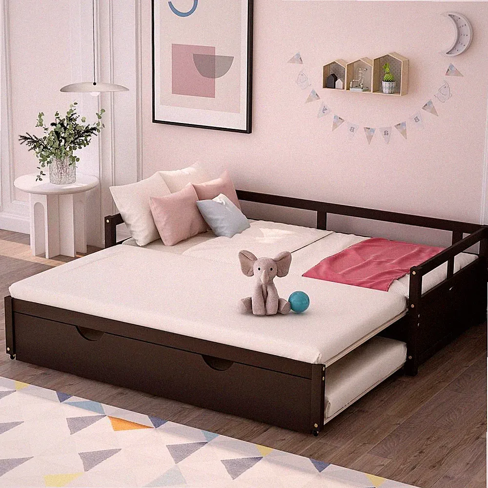 Twin Size Daybed with 1 Pop Up Trundle and 1 Twin Trundle to Large Size Sofa Bed