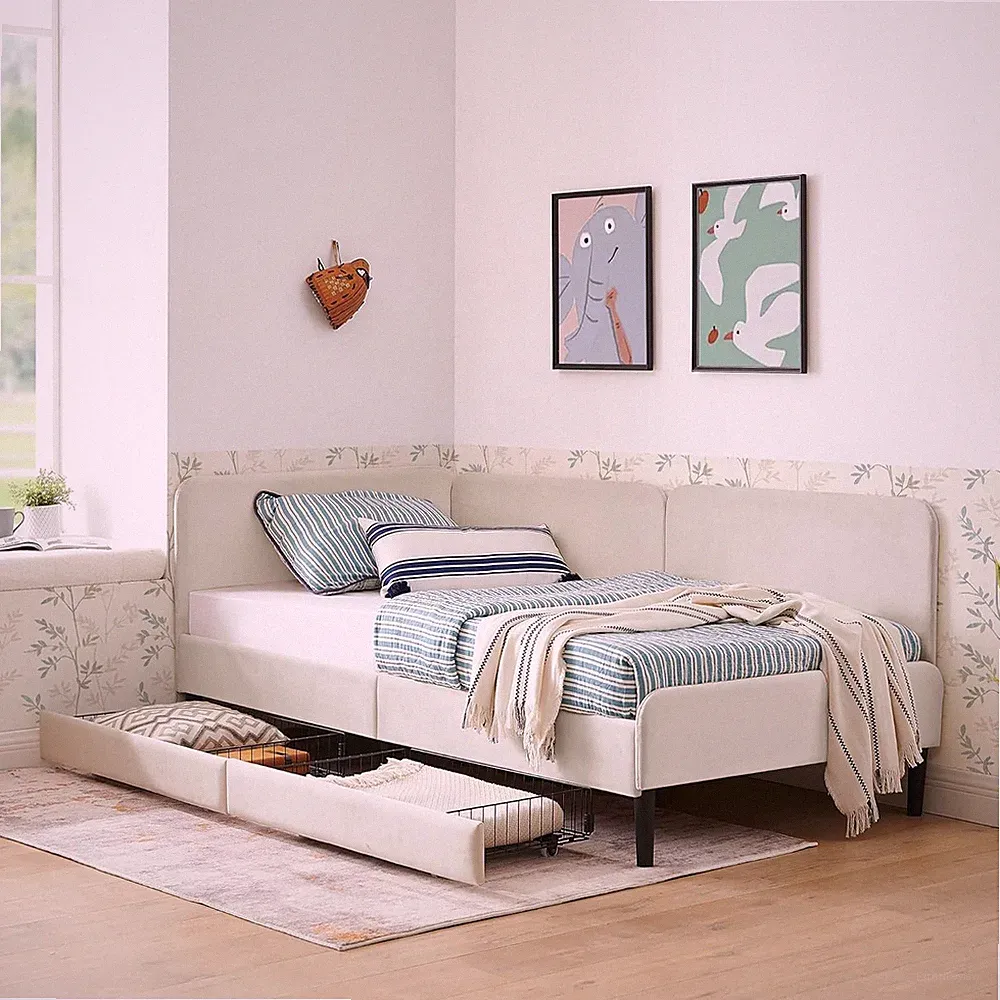 Twin Size Daybed with 2 Storage Drawers L Shaped Corner Sofa Bed with Head Board