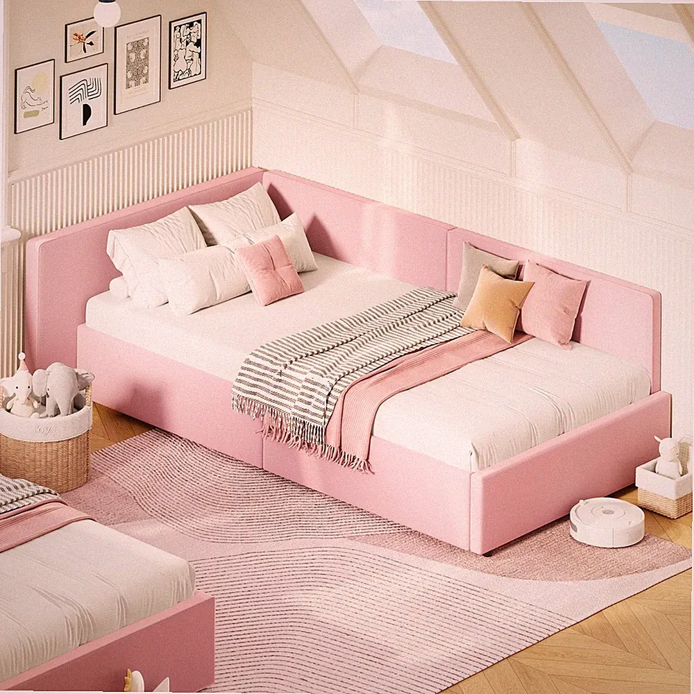 Twin Size Daybed with Bed Rails L Shaped Corner Sofa Bed with Extended Headboard