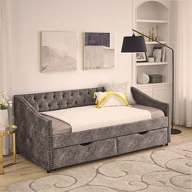 Twin Size Daybed with Drawers Upholstered Tufted Sofa Bed, with Button on Back