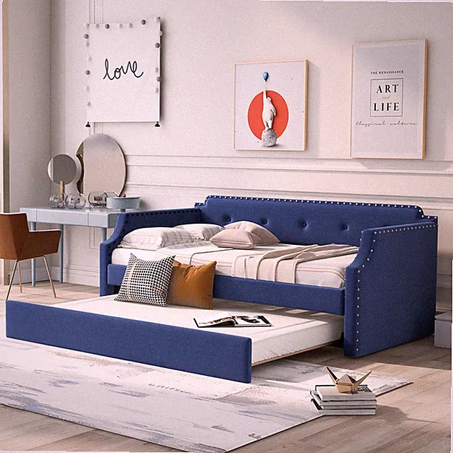 Twin Size Daybed with Pull Out Trundle Bed Upholstered Bed Frame Sofa Bed Blue