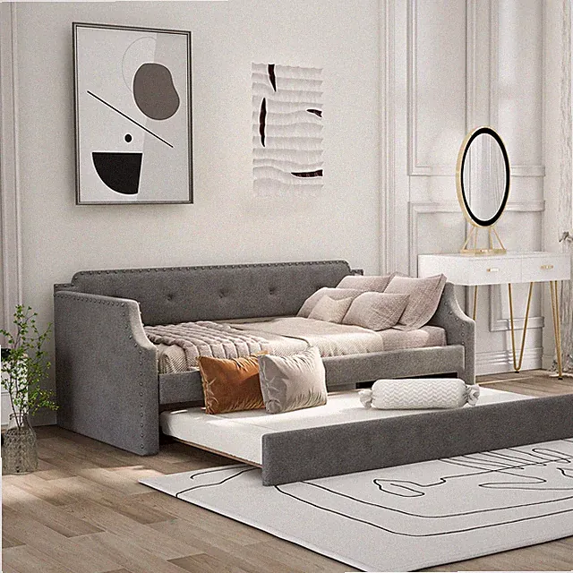 Twin Size Daybed with Pull-Out Trundle Bed Upholstered Bed Frame Sofa Bed US