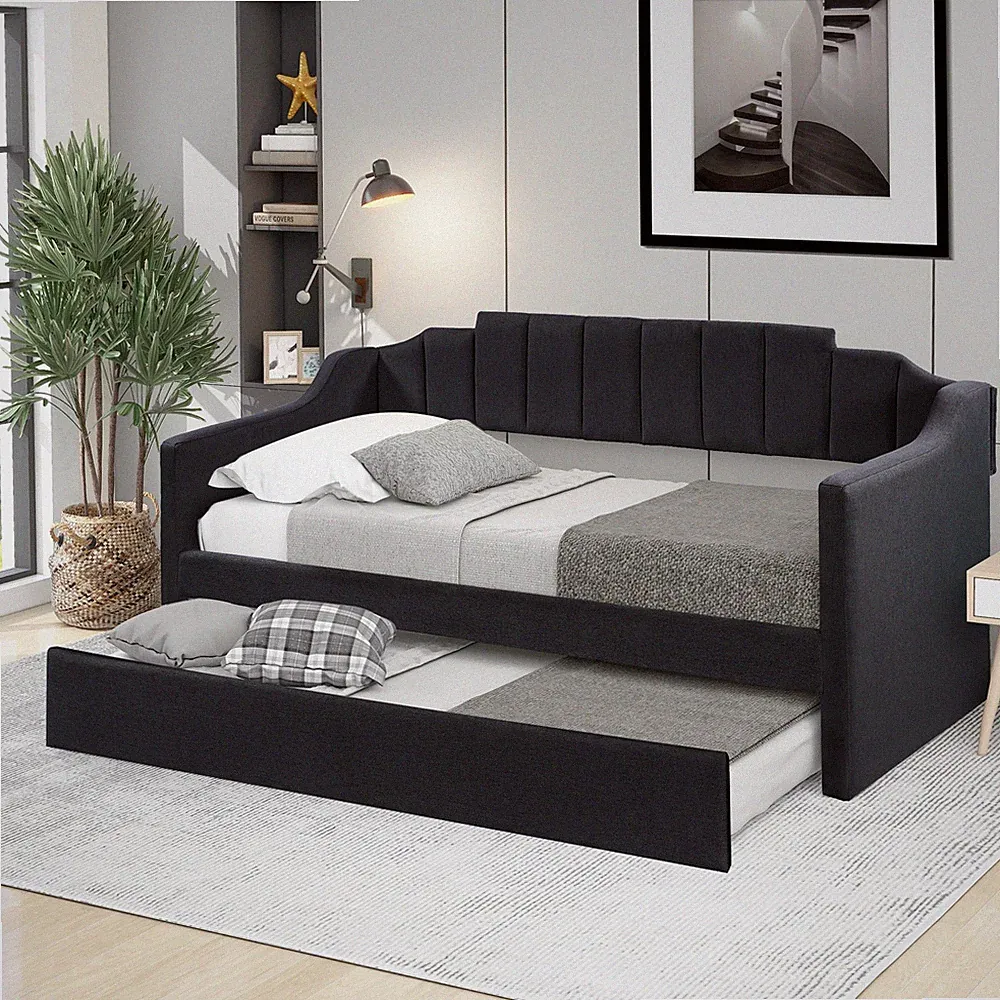 Twin Size Daybed with Trundle Black, Upholstered Sleeper Sofa Bed for Guest Room