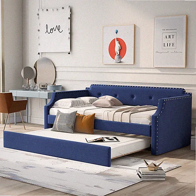 Twin Size Daybed with Trundle Linen Upholstered Sofa Bed Frame with Wood Frame