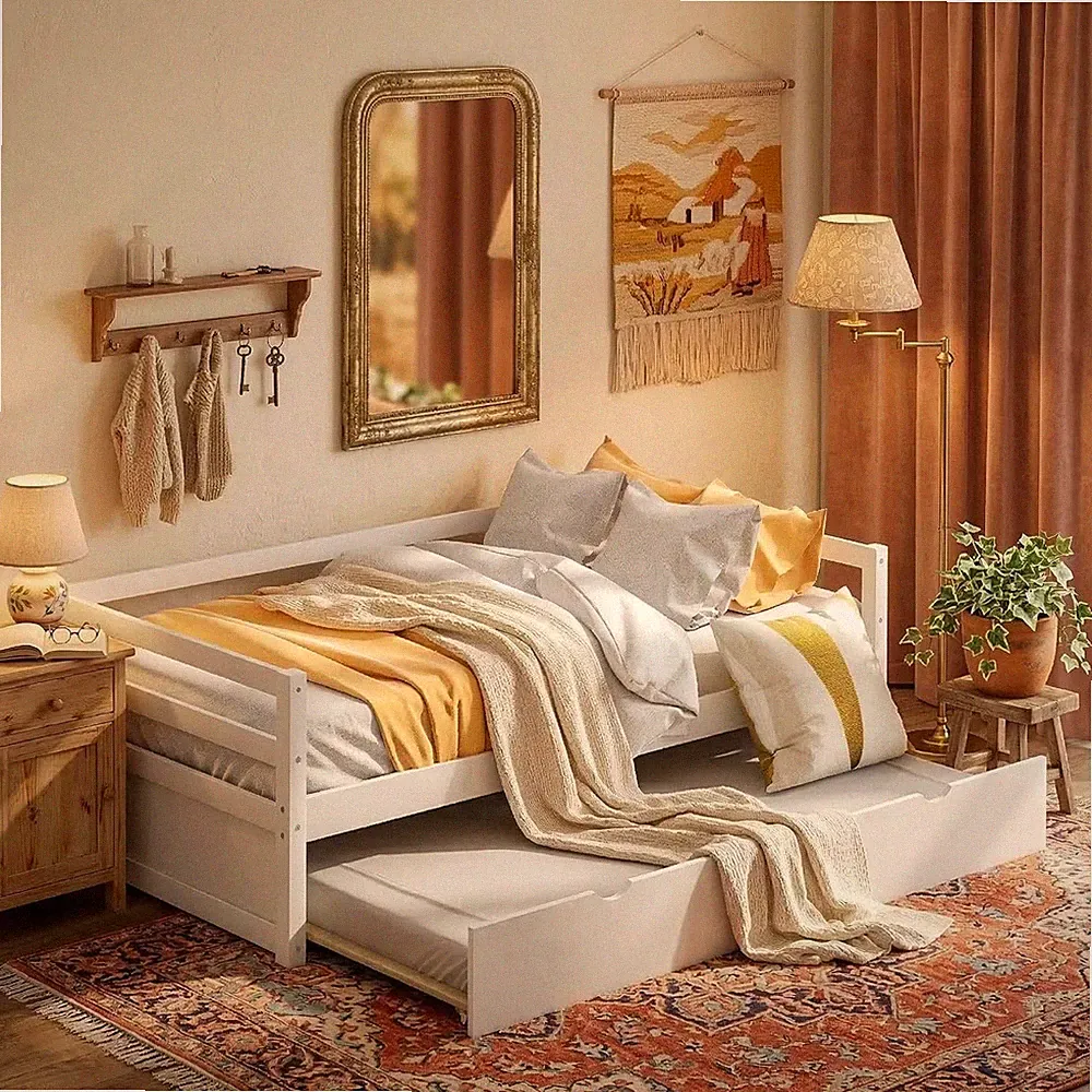 Twin Size Daybed with Trundle, Solid Wood Captains Bed Sofa Bed Frame, White