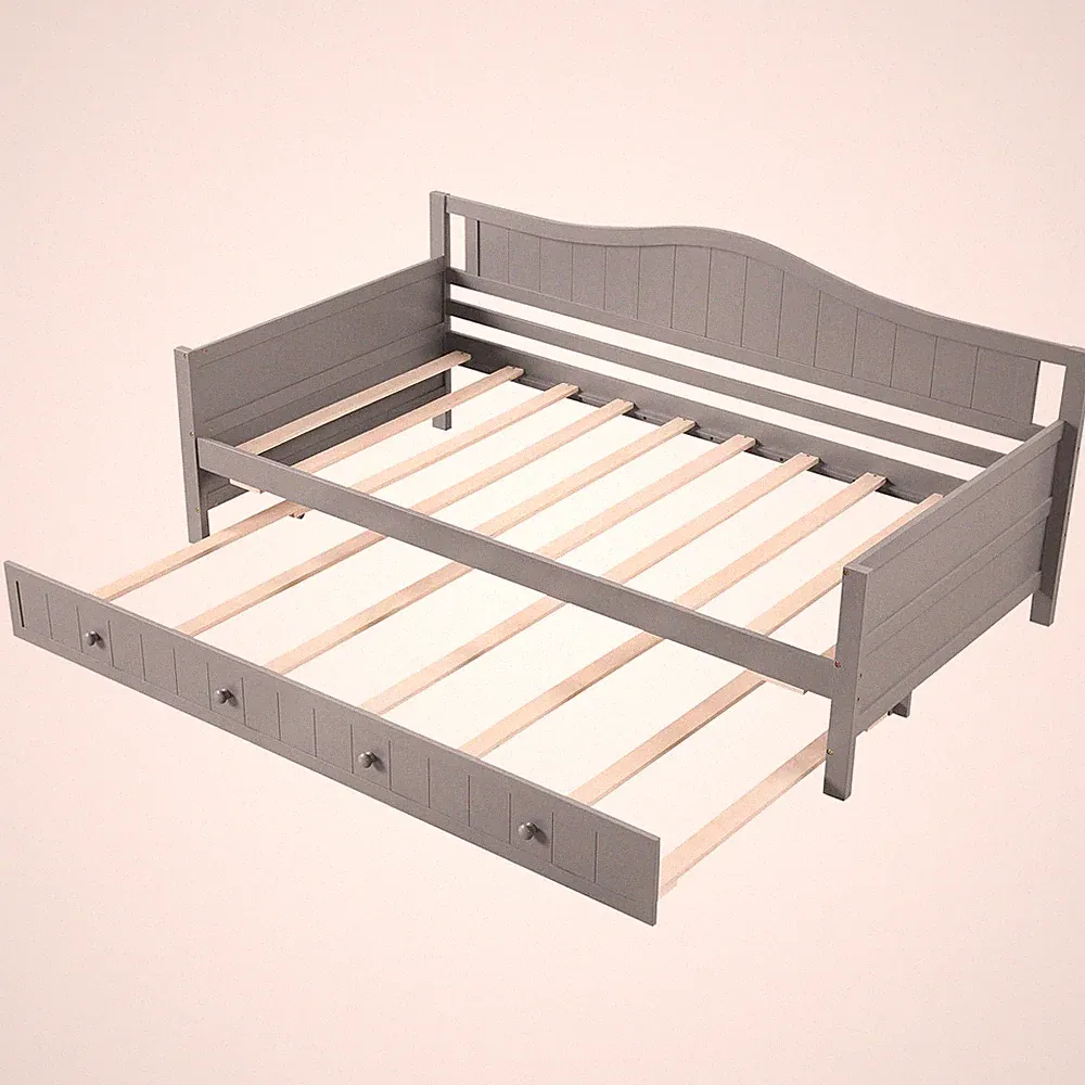 Twin Size Daybed with Trundle Solid Wood Sofa Bed with Slats Support Guest Bed