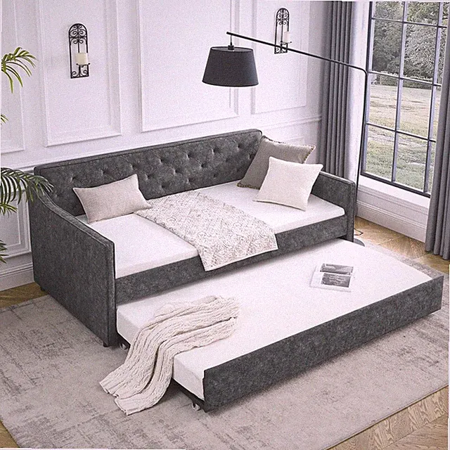Twin Size Daybed with Trundle &Waved Shape Arms Upholstered Tufted Sofa Bed,Grey