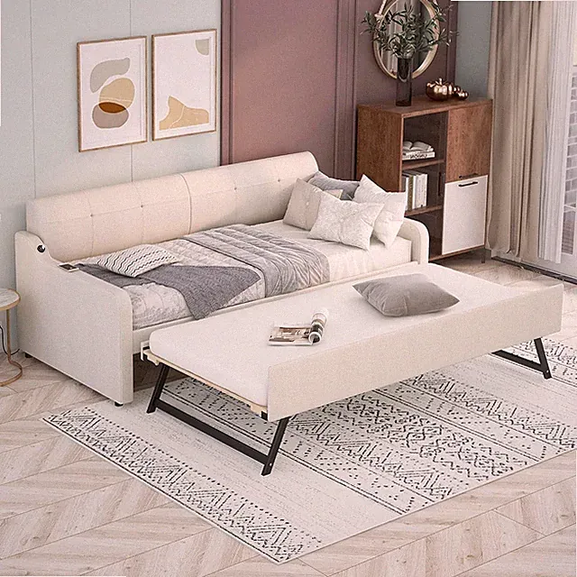 Twin Size Daybed with Trundle,Wood Upholstery Sofa Bed Frame Furniture for Livin