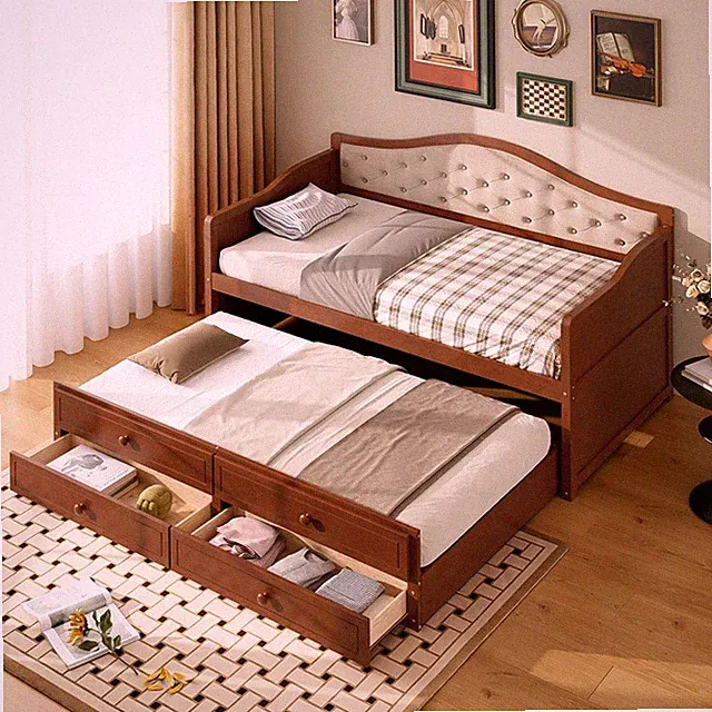 Twin Size Daybed with Upholstered Backrest,Trundle and Drawers Wooden Sofa Bed