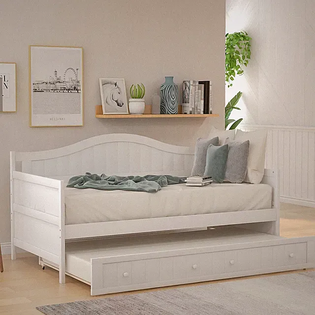 Twin Size Daybed Wooden Bed Frame Sofa Bed w/ Trundle Bed White/Gray/Espresso US