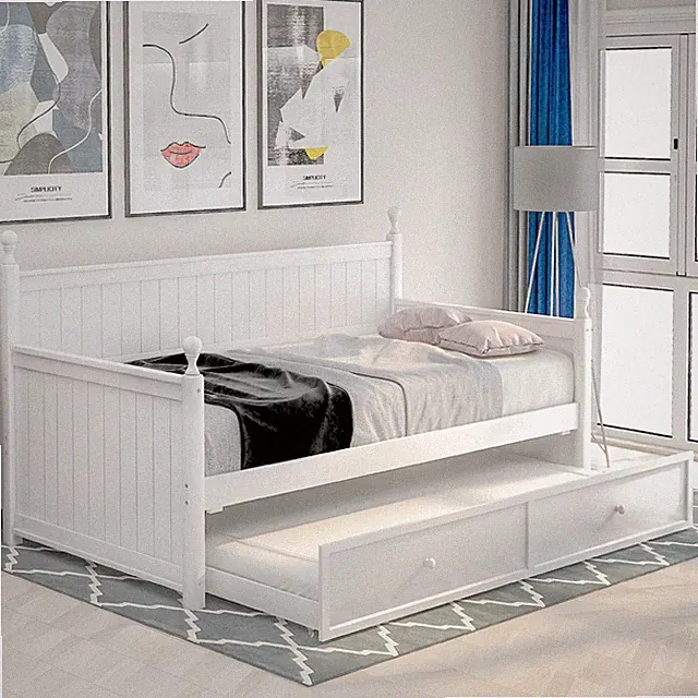 Twin Size Daybed Wooden Bed Frame Sofa Bed with Pull Out Trundle Bed White