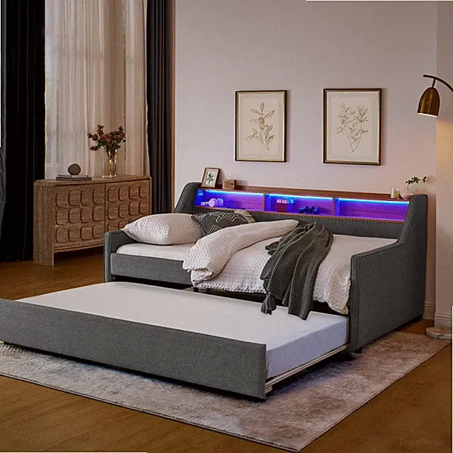 Twin Size Grey Linen Upholstery Sofa Bed with 3 LED Lights Wireless Charging