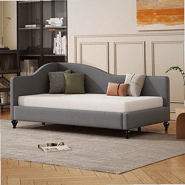 Twin Size L-Shaped Linen Daybed, with Solid Wood Legs Wood Sofa Bed Frame,Gray