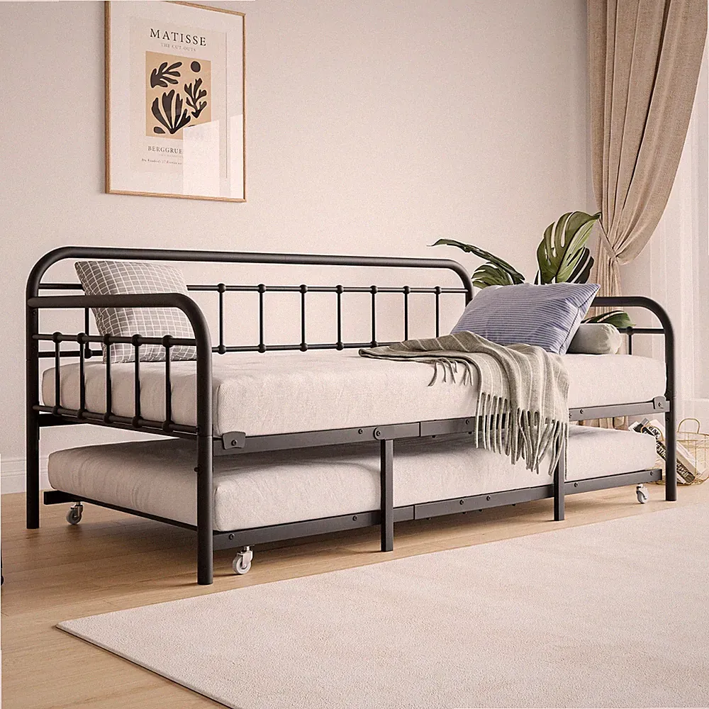 Twin Size Metal Daybed Frame with Trundle Sofa Bed Platform with Headboard Black