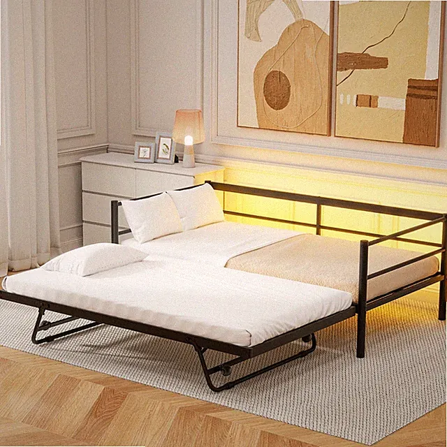 Twin Size Metal Daybed with LED and Adjustable Trundle, Pop Up Trundle
