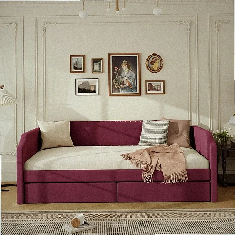 Twin Size Modern Daybed Velvet Upholstered Sofa Bed with 2 Drawers Wine Red